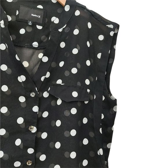 Hurley Sheer Blouse Womens Small Black Sleeveless Polka Dot V-Neck Button Up - Picture 6 of 8